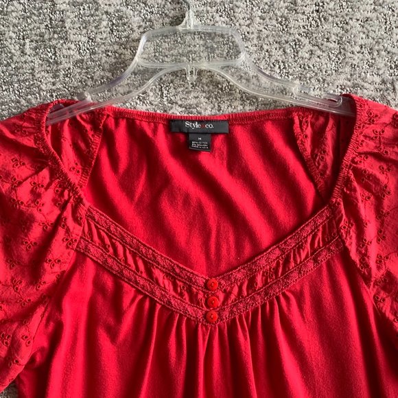 2/$20 Red Shirt with Eyelet Sleeves and Neckline - Size Medium - Picture 5 of 8